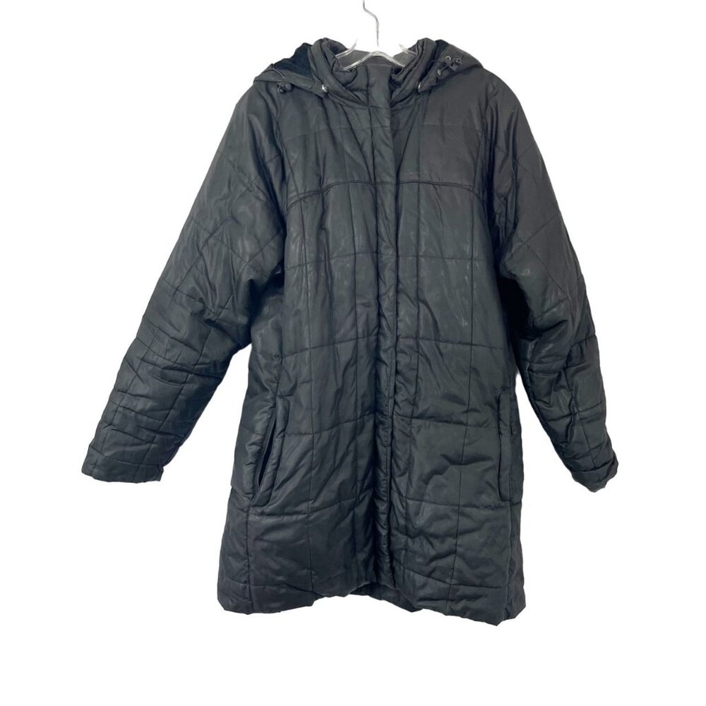 L.L. Bean Black Quilted Long Puffer Coat Jacket Faux Fur Lined Hoodie Size Large